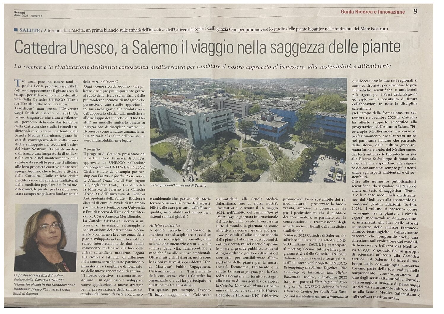 29 gennaio 2024  – A Salerno, il viaggio nella saggezza delle piante….. Intervista del Sole24 ore  a Rita Aquino, Chair Holder della Cattedra UNESCO Salerno.
